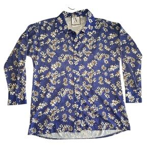Adeptt Women’s Blue Floral Pleated Button Up Collared Blouse Size Medium Bold